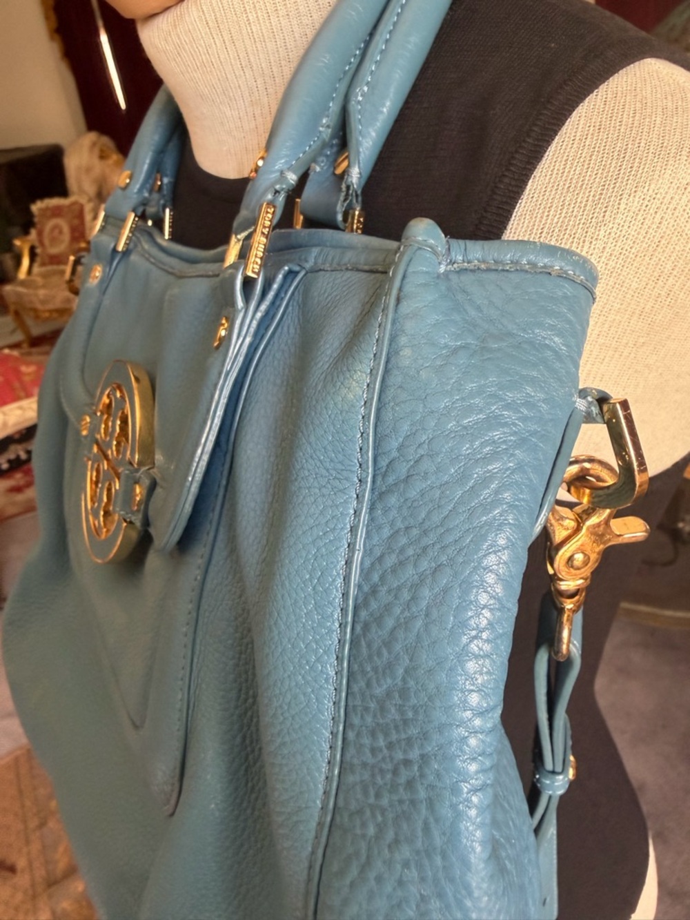 Tory Burch Blue Teal Pebbled Leather Shoulder Bag with Gold Logo - Picture 4 of 14